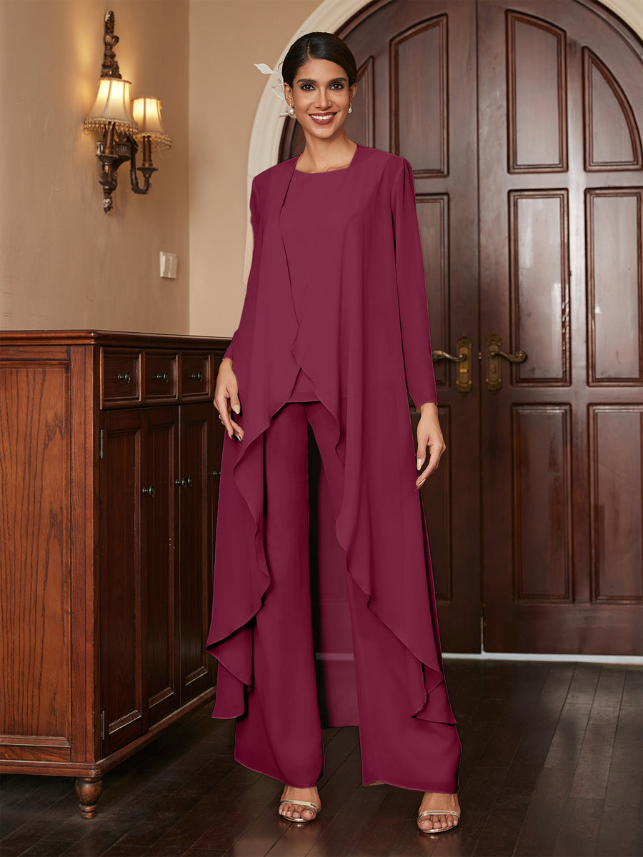 Chiffon Rundhalsausschnitt Langarm 3 Stück Hosenanzüge mit Jacke