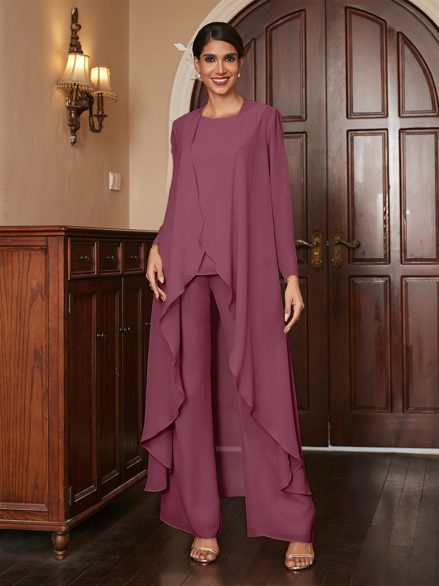 Chiffon Rundhalsausschnitt Langarm 3 Stück Hosenanzüge mit Jacke