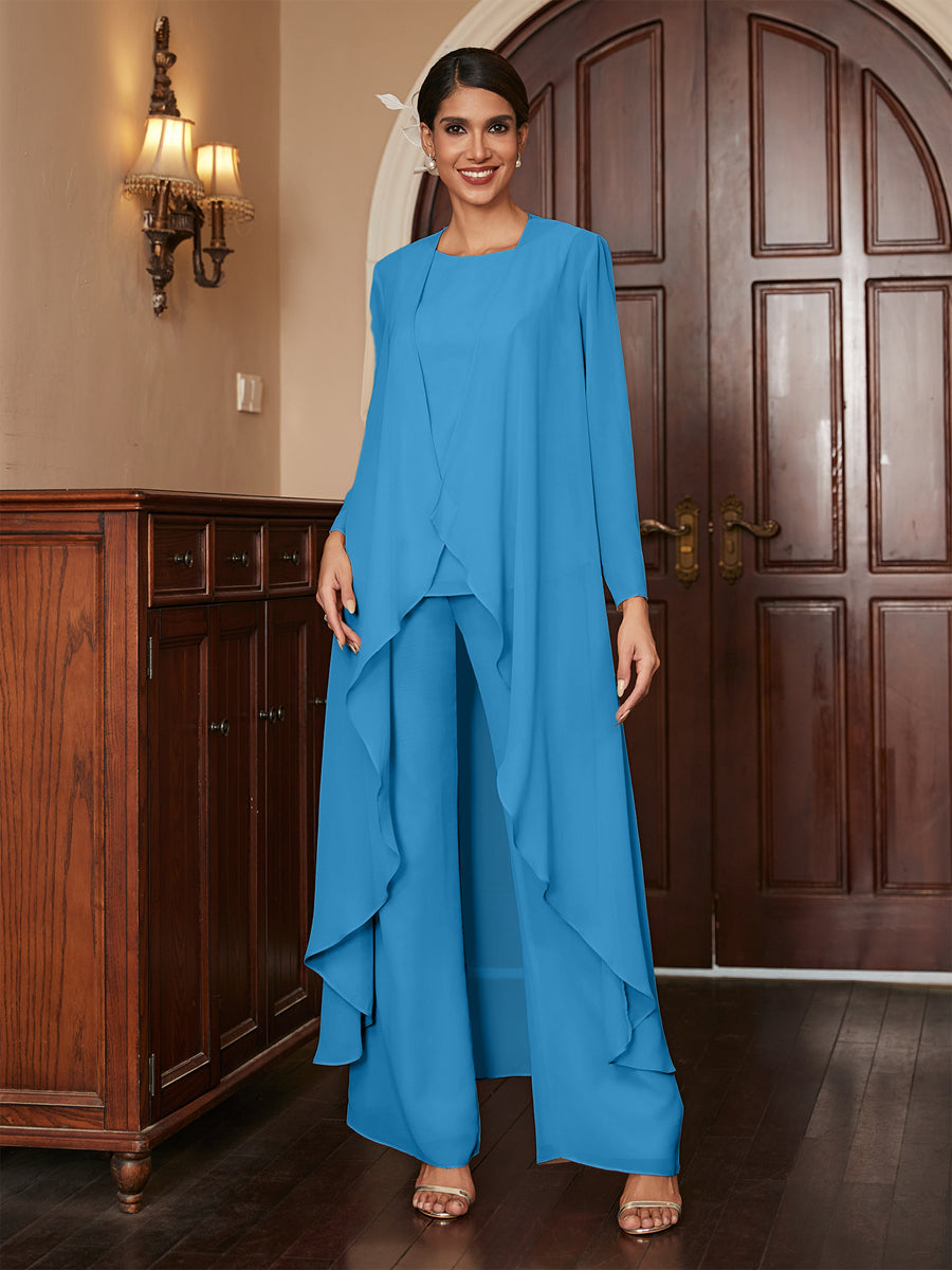 Chiffon Rundhalsausschnitt Langarm 3 Stück Hosenanzüge mit Jacke