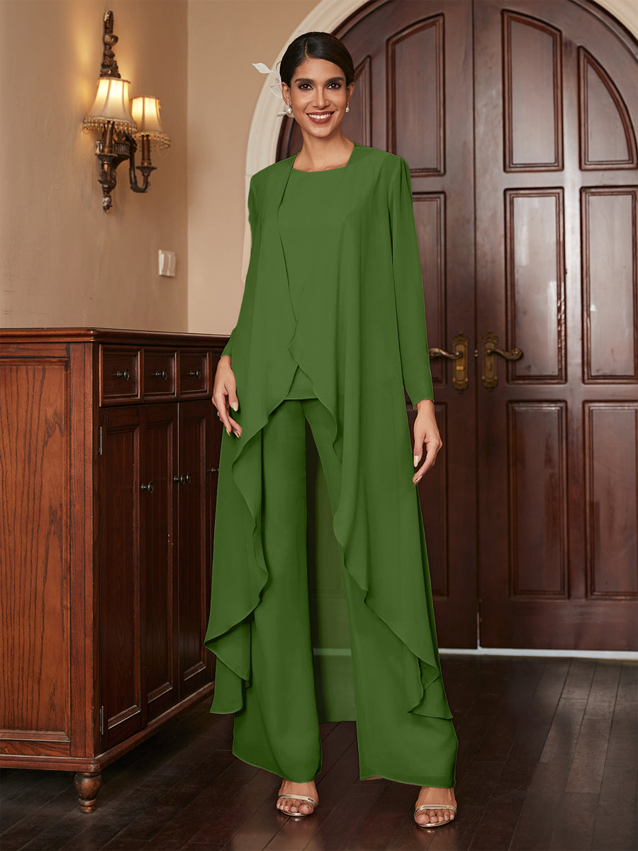 Chiffon Rundhalsausschnitt Langarm 3 Stück Hosenanzüge mit Jacke