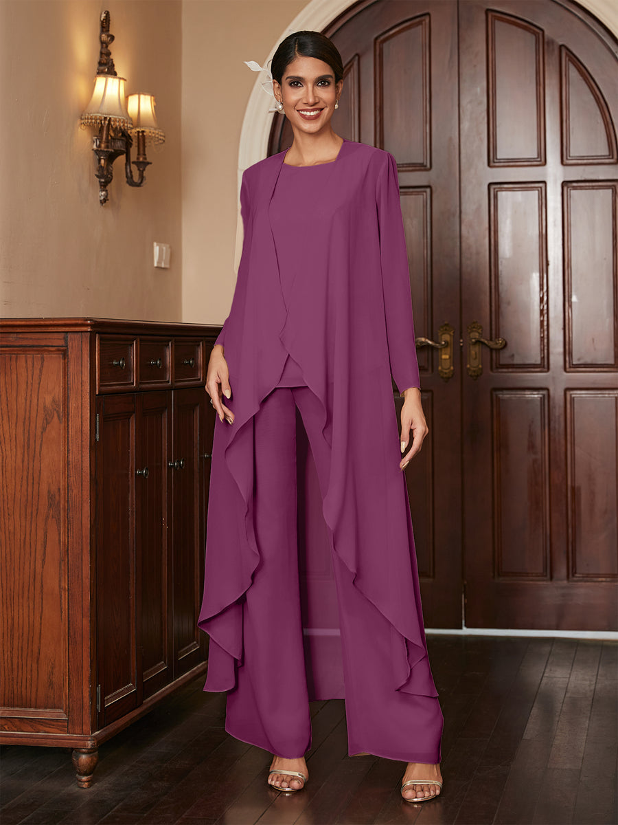Chiffon Rundhalsausschnitt Langarm 3 Stück Hosenanzüge mit Jacke