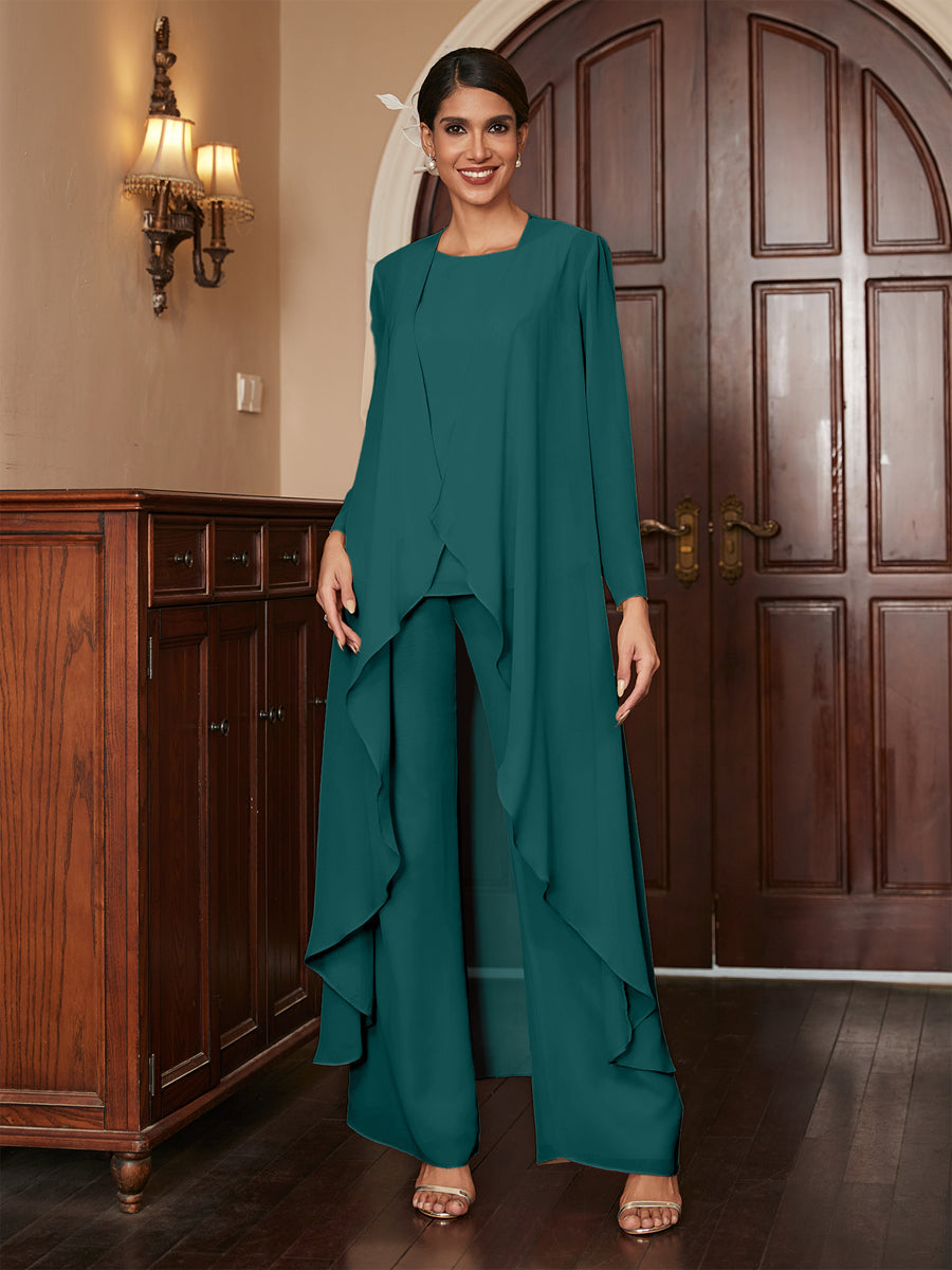 Chiffon Rundhalsausschnitt Langarm 3 Stück Hosenanzüge mit Jacke