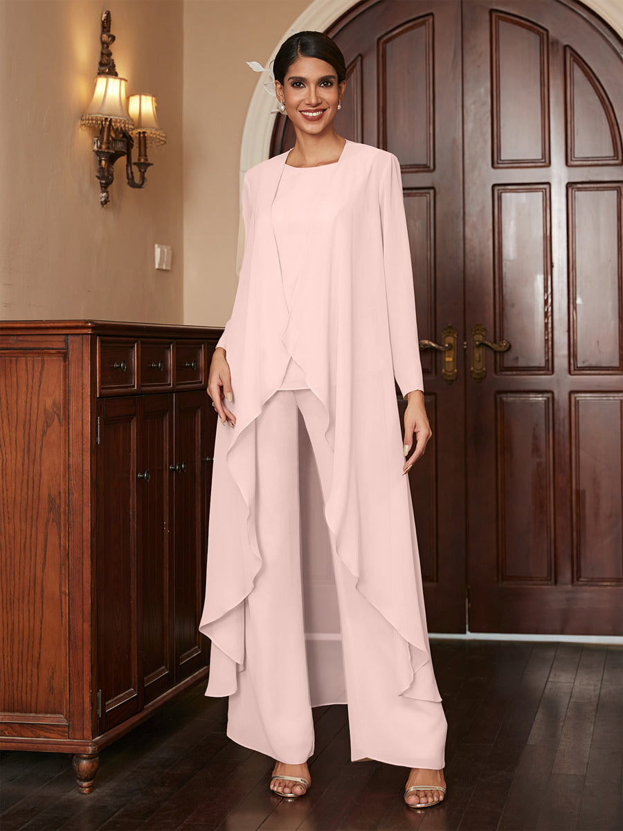 Chiffon Rundhalsausschnitt Langarm 3 Stück Hosenanzüge mit Jacke