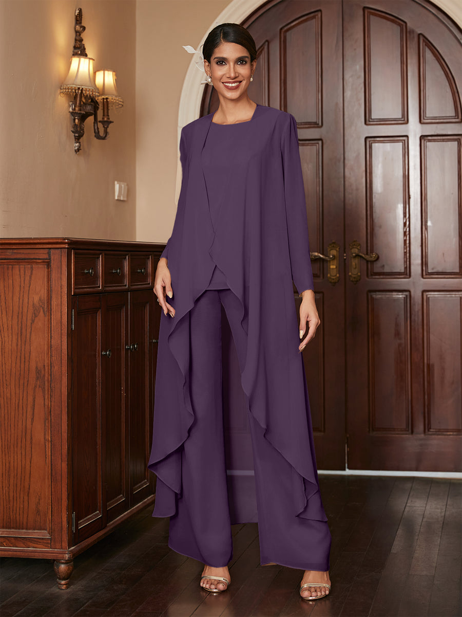 Chiffon Rundhalsausschnitt Langarm 3 Stück Hosenanzüge mit Jacke