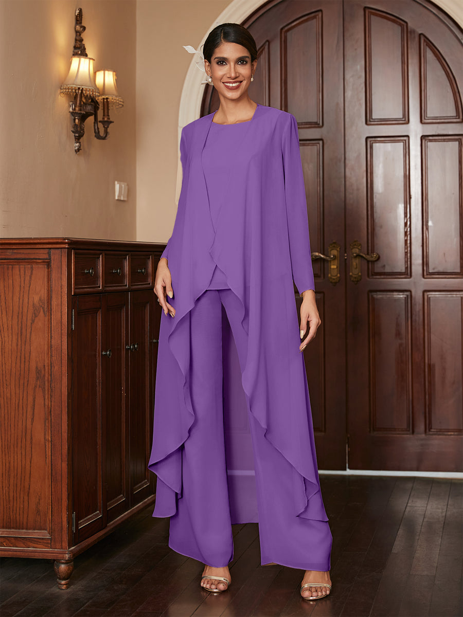 Chiffon Rundhalsausschnitt Langarm 3 Stück Hosenanzüge mit Jacke