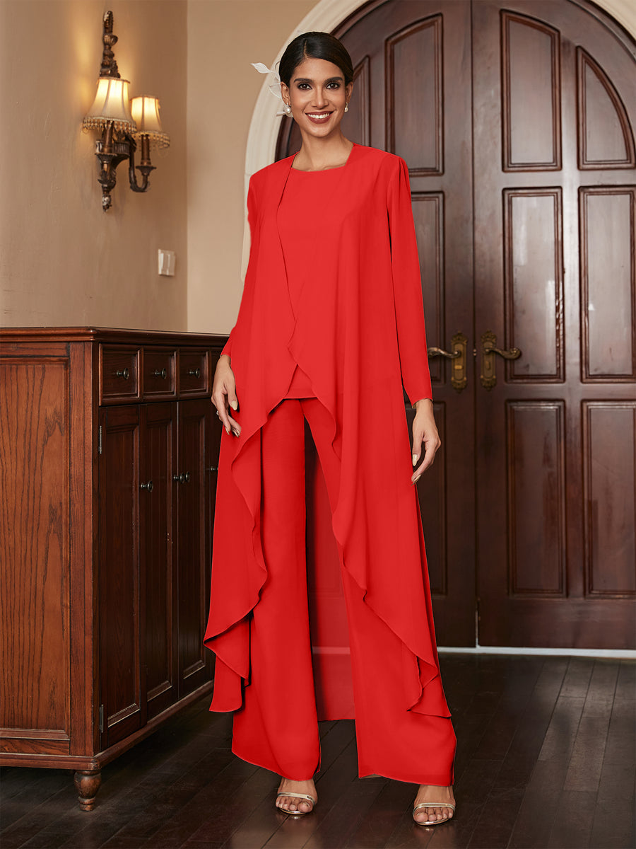 Chiffon Rundhalsausschnitt Langarm 3 Stück Hosenanzüge mit Jacke
