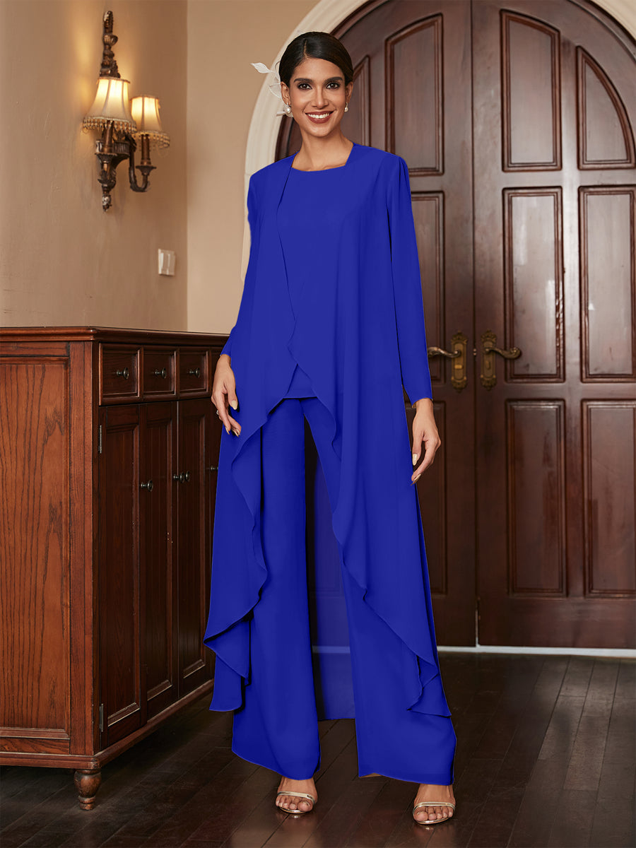 Chiffon Rundhalsausschnitt Langarm 3 Stück Hosenanzüge mit Jacke