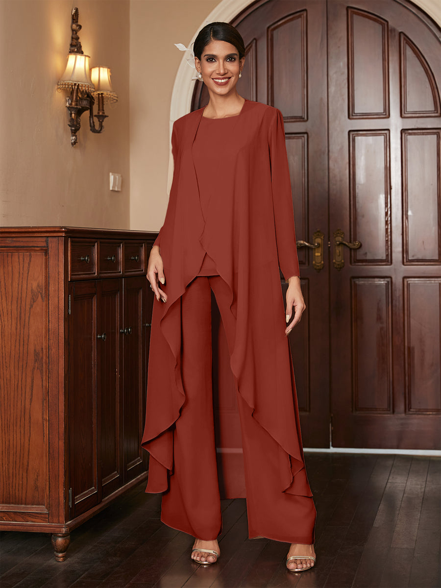 Chiffon Rundhalsausschnitt Langarm 3 Stück Hosenanzüge mit Jacke