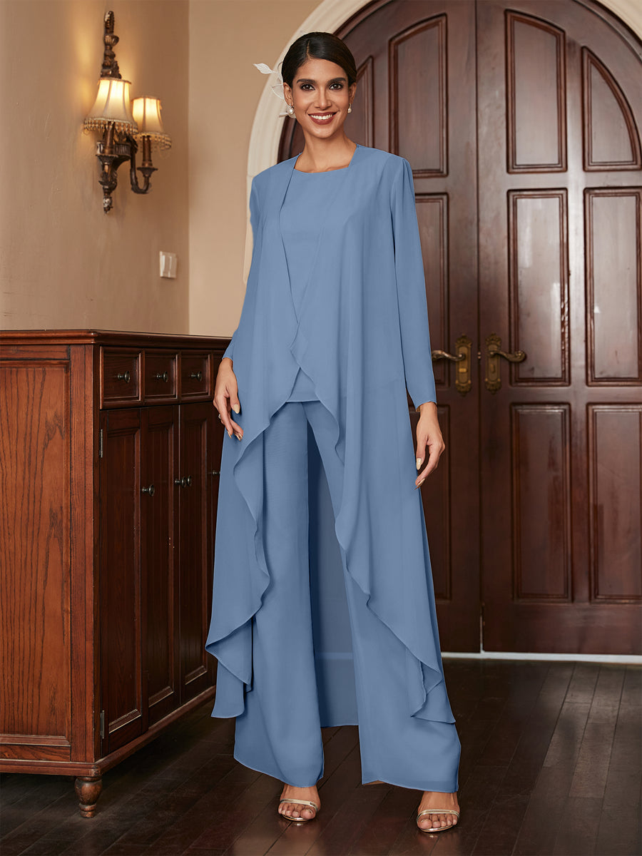 Chiffon Rundhalsausschnitt Langarm 3 Stück Hosenanzüge mit Jacke