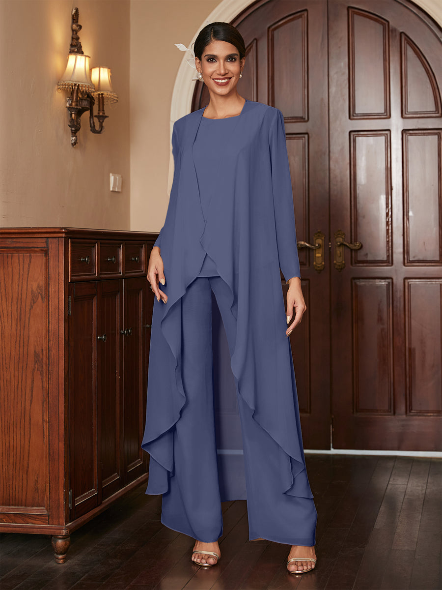 Chiffon Rundhalsausschnitt Langarm 3 Stück Hosenanzüge mit Jacke