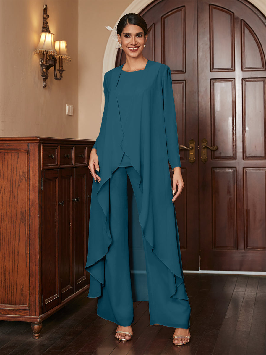 Chiffon Rundhalsausschnitt Langarm 3 Stück Hosenanzüge mit Jacke