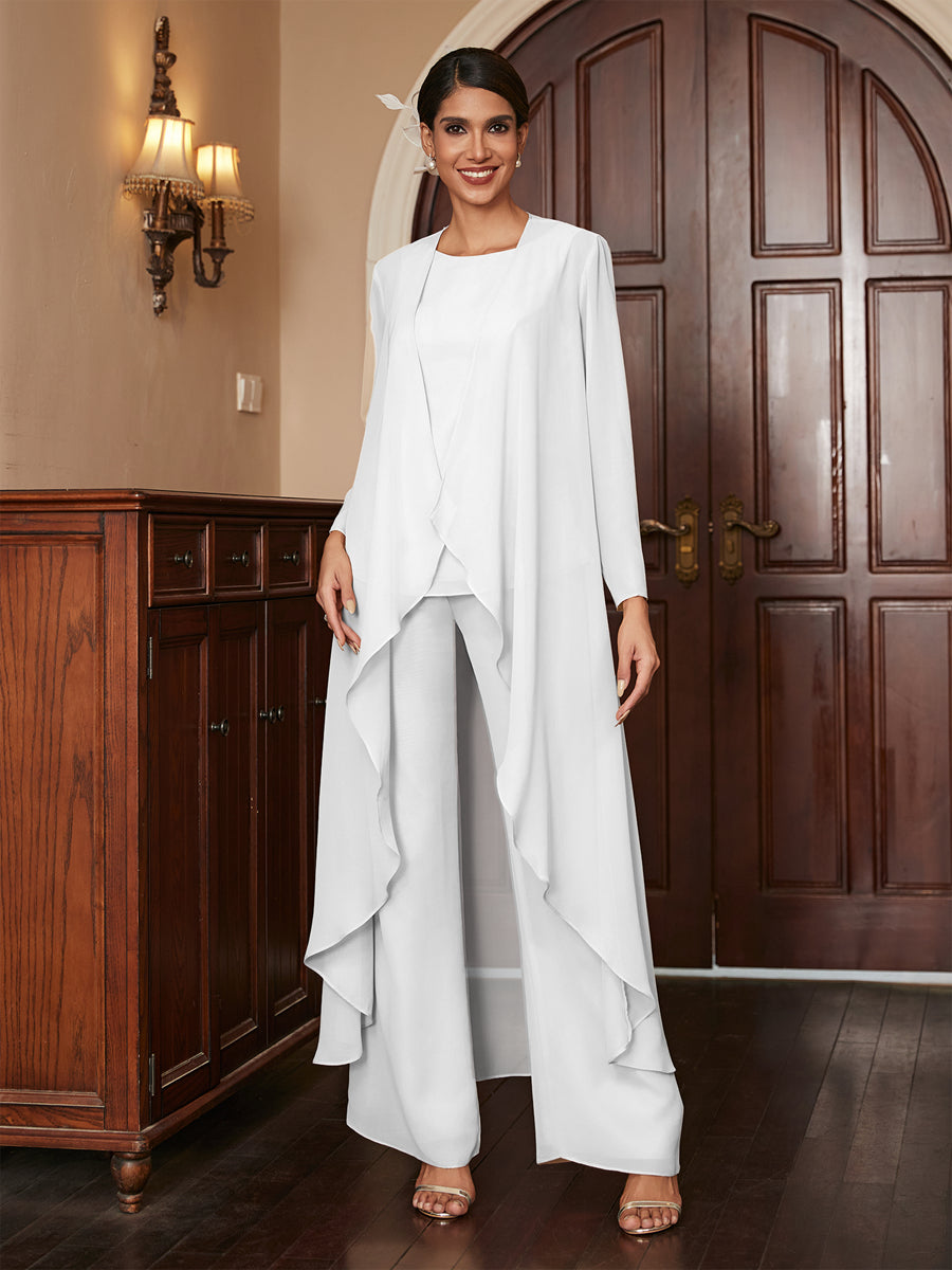 Chiffon Rundhalsausschnitt Langarm 3 Stück Hosenanzüge mit Jacke