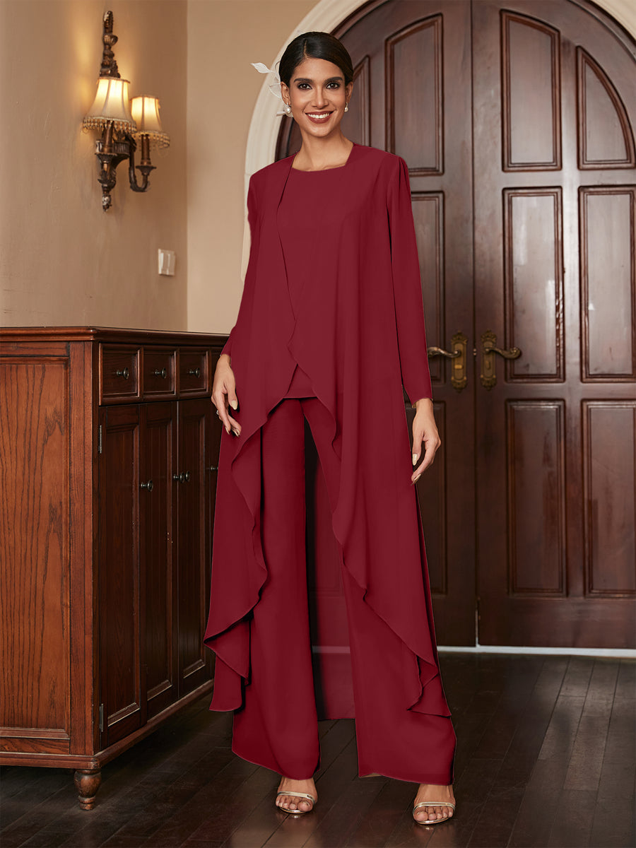 Chiffon Rundhalsausschnitt Langarm 3 Stück Hosenanzüge mit Jacke