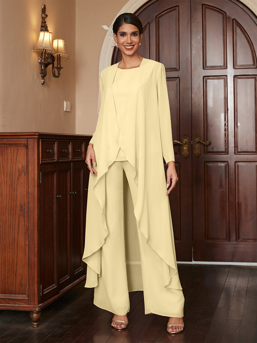 Chiffon Rundhalsausschnitt Langarm 3 Stück Hosenanzüge mit Jacke