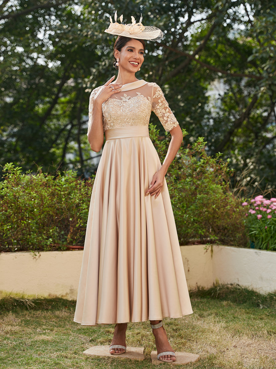 A-Linie/Prinzessin Rundhalsausschnitt Halbärmel Knöchellange Lange Abendkleider mit Applikationen