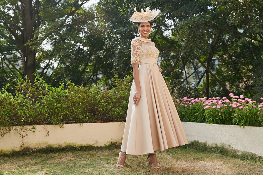 A-Linie/Prinzessin Rundhalsausschnitt Halbärmel Knöchellange Lange Abendkleider mit Applikationen