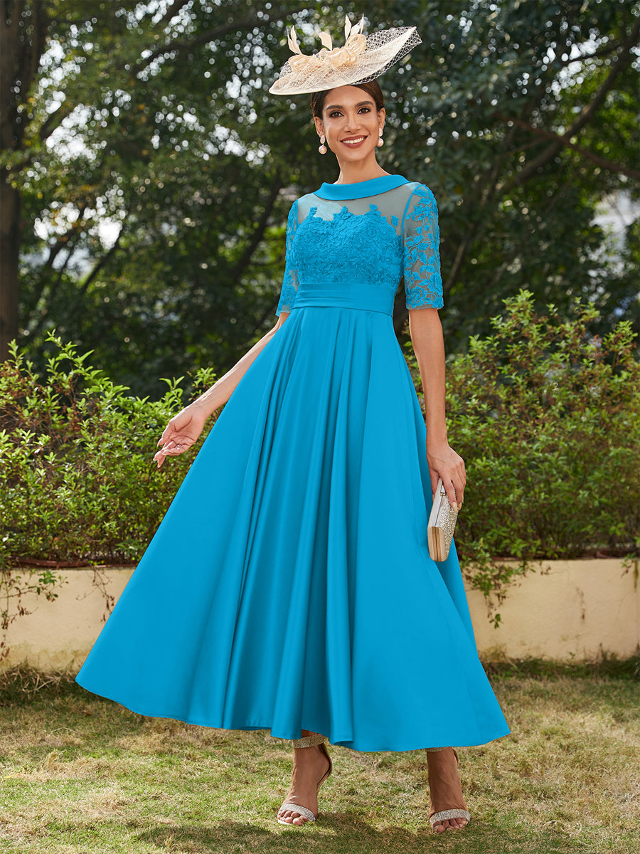 A-Linie/Prinzessin Rundhalsausschnitt Halbärmel Knöchellange Lange Abendkleider mit Applikationen