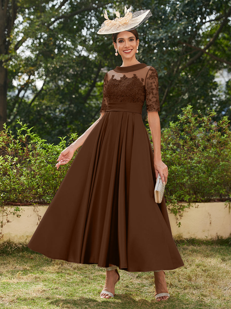 A-Linie/Prinzessin Rundhalsausschnitt Halbärmel Knöchellange Lange Abendkleider mit Applikationen