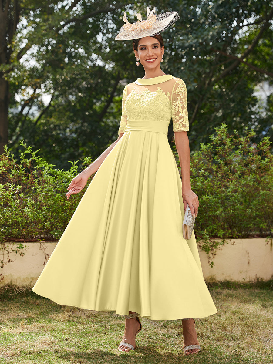 A-Linie/Prinzessin Rundhalsausschnitt Halbärmel Knöchellange Lange Abendkleider mit Applikationen