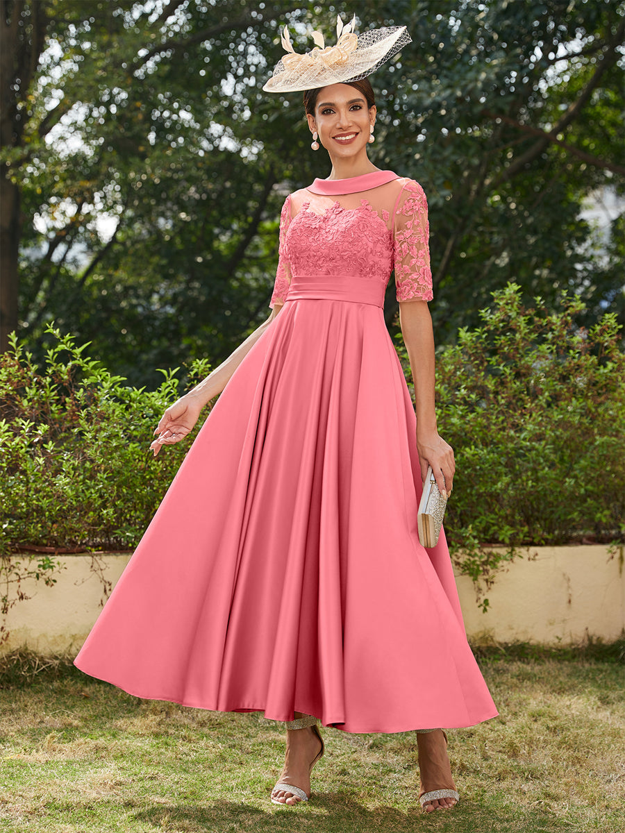 A-Linie/Prinzessin Rundhalsausschnitt Halbärmel Knöchellange Lange Abendkleider mit Applikationen