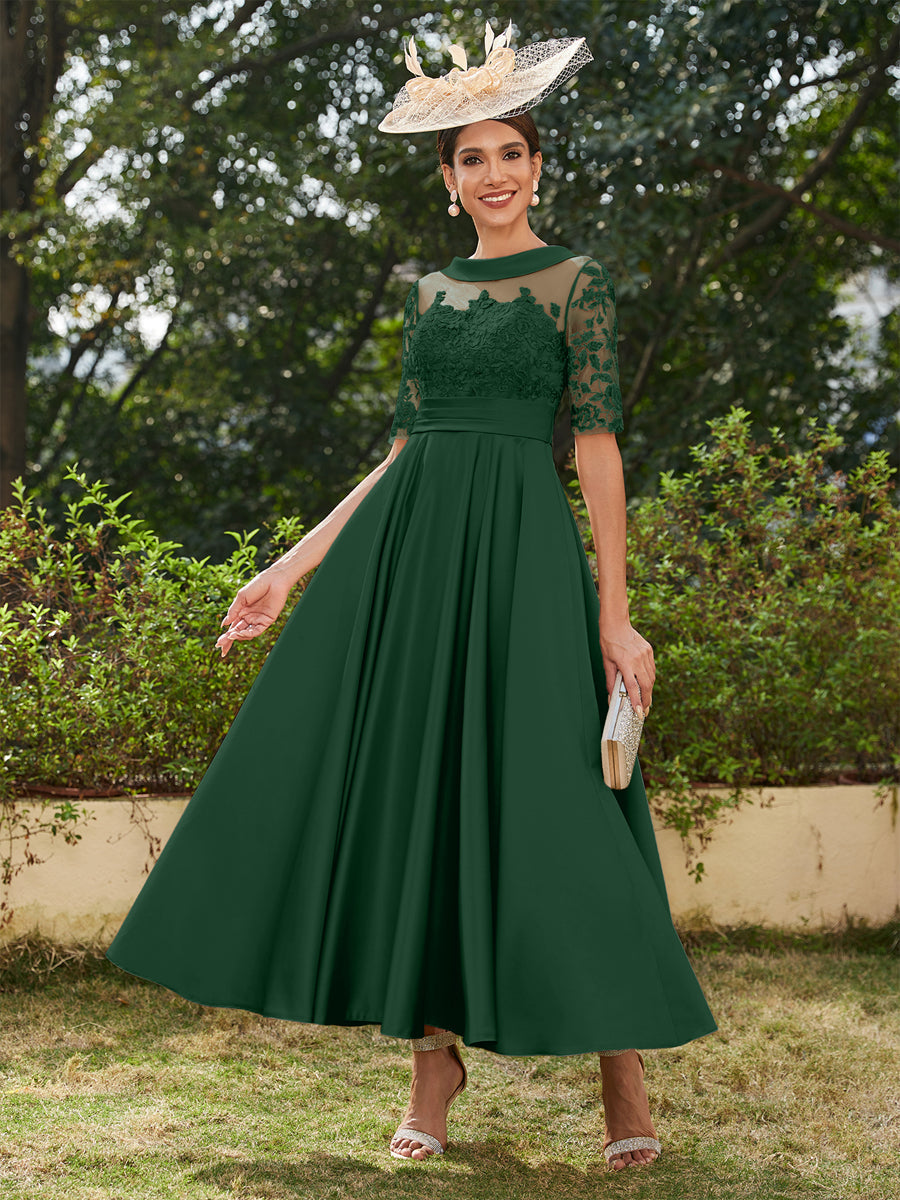 A-Linie/Prinzessin Rundhalsausschnitt Halbärmel Knöchellange Lange Abendkleider mit Applikationen