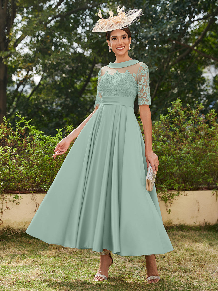 A-Linie/Prinzessin Rundhalsausschnitt Halbärmel Knöchellange Lange Abendkleider mit Applikationen