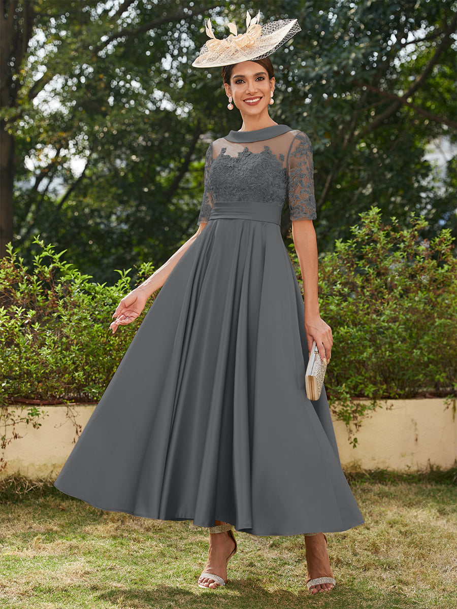 A-Linie/Prinzessin Rundhalsausschnitt Halbärmel Knöchellange Lange Abendkleider mit Applikationen