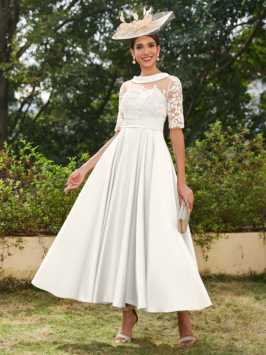 A-Linie/Prinzessin Rundhalsausschnitt Halbärmel Knöchellange Lange Abendkleider mit Applikationen