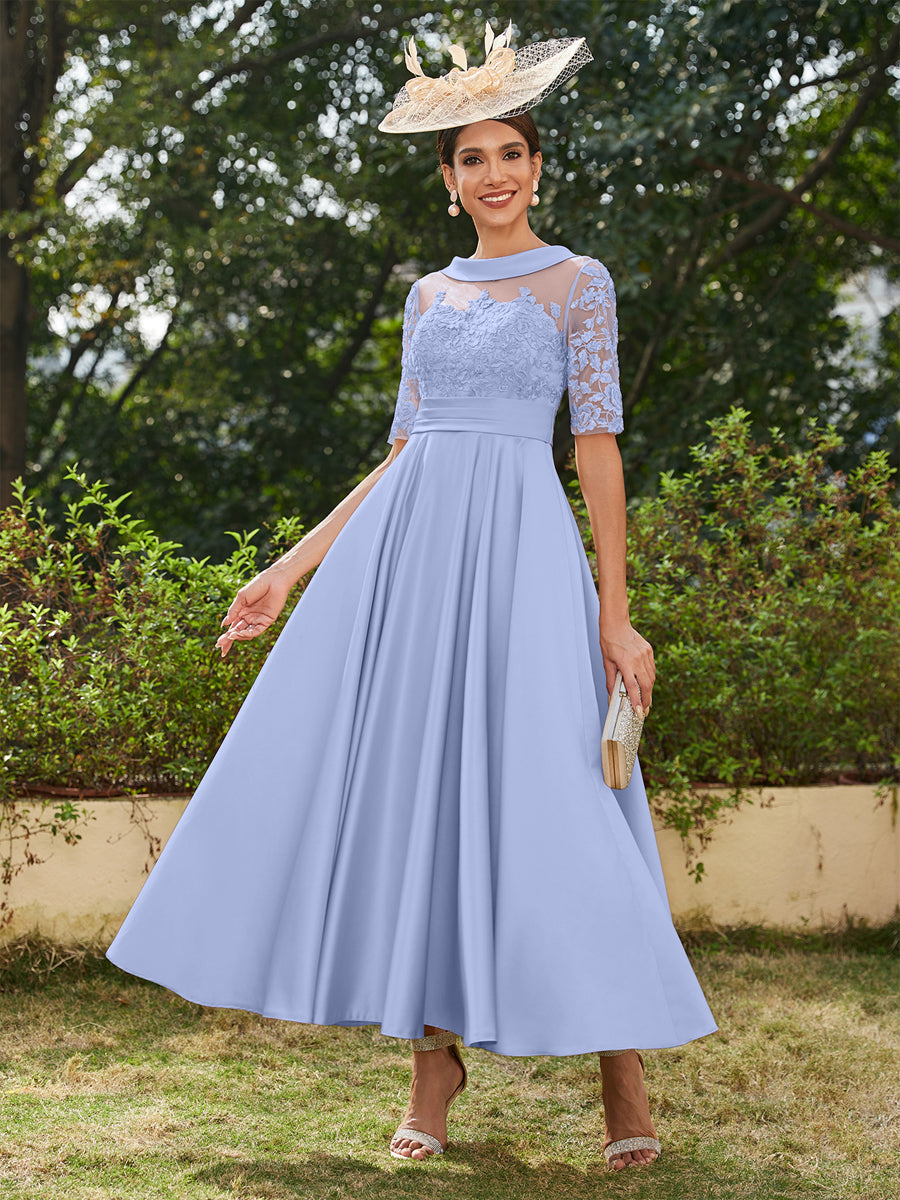 A-Linie/Prinzessin Rundhalsausschnitt Halbärmel Knöchellange Lange Abendkleider mit Applikationen