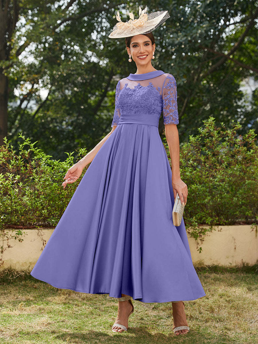 A-Linie/Prinzessin Rundhalsausschnitt Halbärmel Knöchellange Lange Abendkleider mit Applikationen