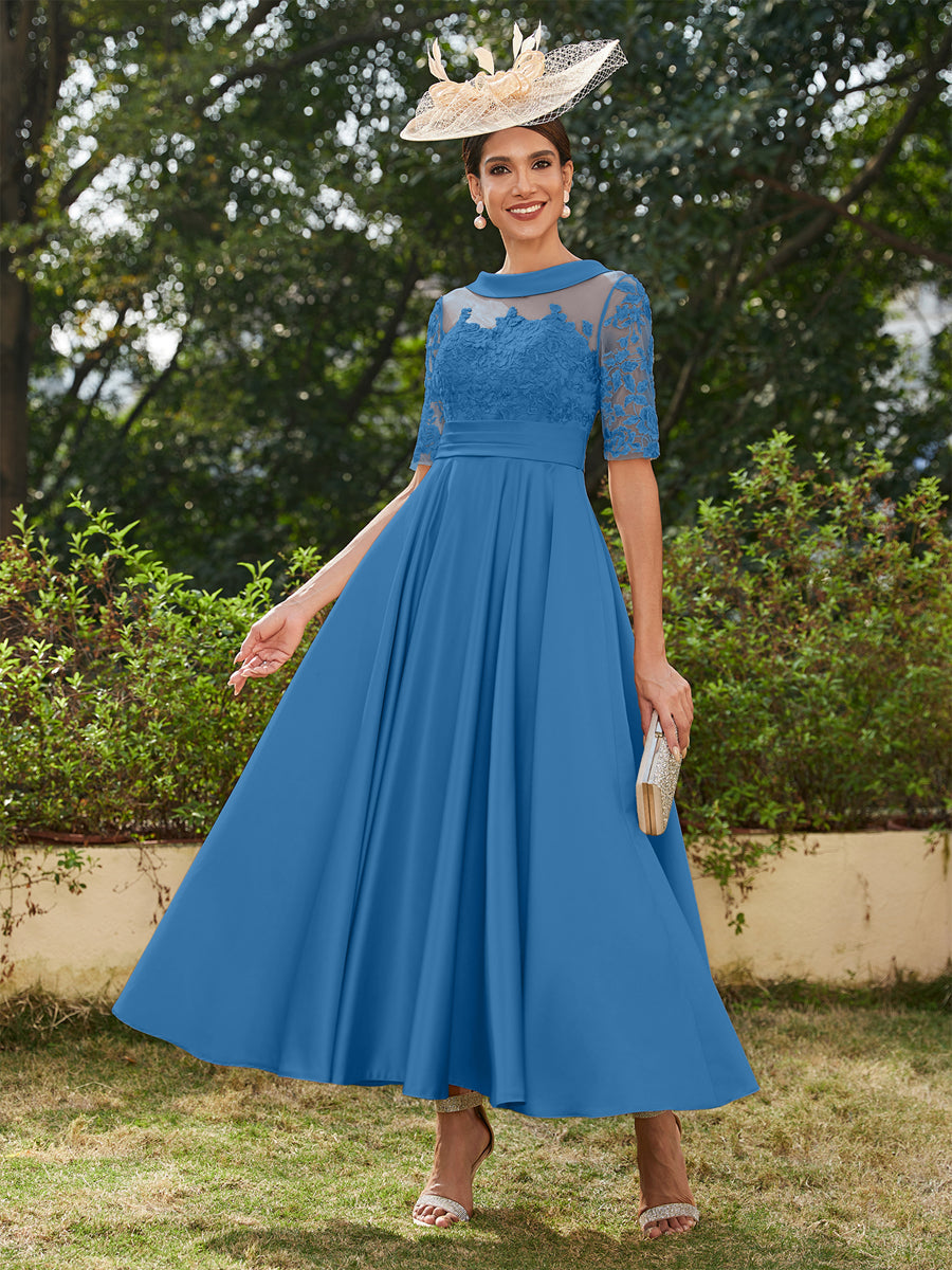 A-Linie/Prinzessin Rundhalsausschnitt Halbärmel Knöchellange Lange Abendkleider mit Applikationen