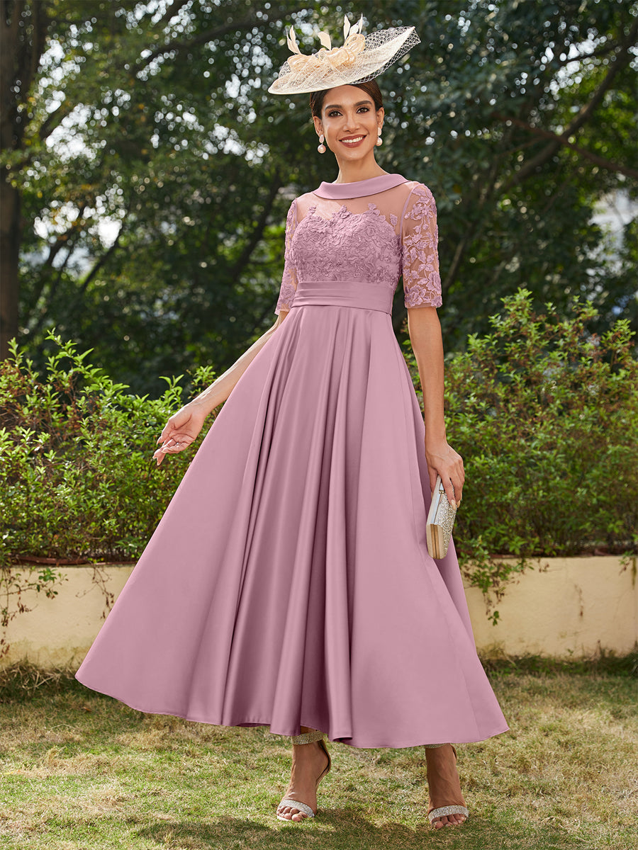 A-Linie/Prinzessin Rundhalsausschnitt Halbärmel Knöchellange Lange Abendkleider mit Applikationen