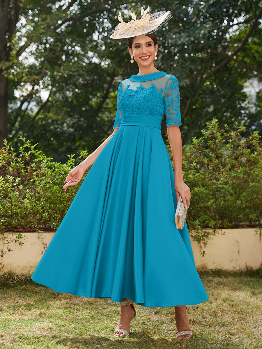 A-Linie/Prinzessin Rundhalsausschnitt Halbärmel Knöchellange Lange Abendkleider mit Applikationen