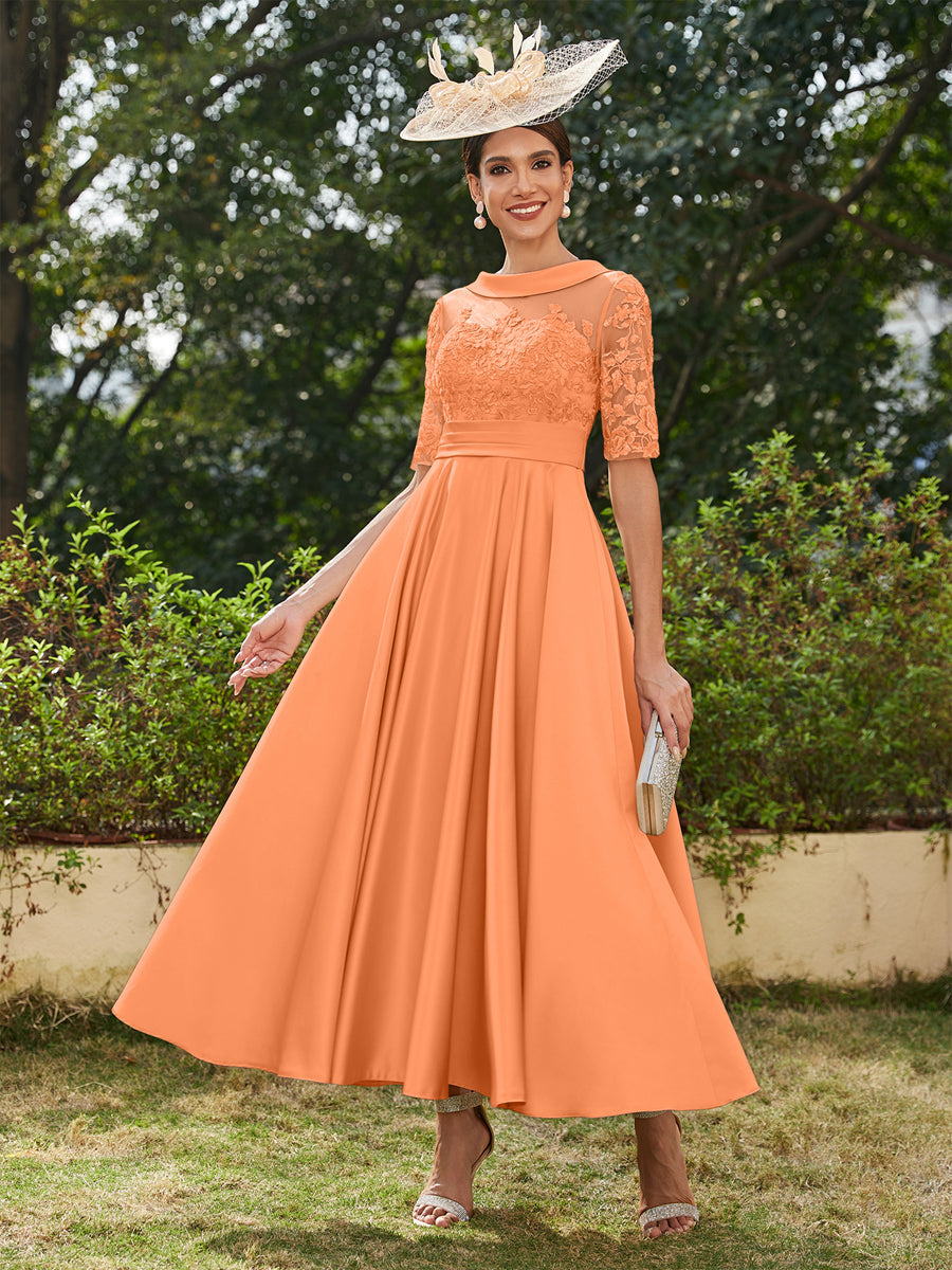 A-Linie/Prinzessin Rundhalsausschnitt Halbärmel Knöchellange Lange Abendkleider mit Applikationen