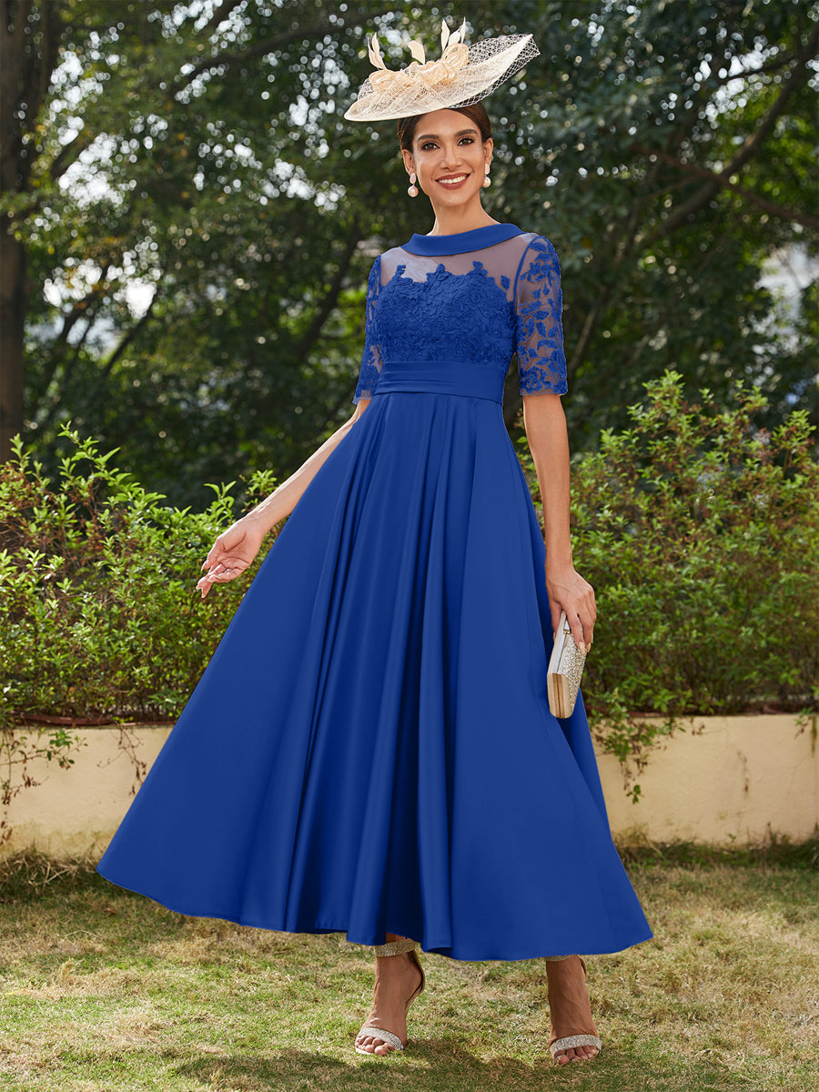 A-Linie/Prinzessin Rundhalsausschnitt Halbärmel Knöchellange Lange Abendkleider mit Applikationen