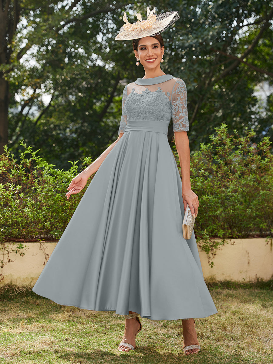 A-Linie/Prinzessin Rundhalsausschnitt Halbärmel Knöchellange Lange Abendkleider mit Applikationen