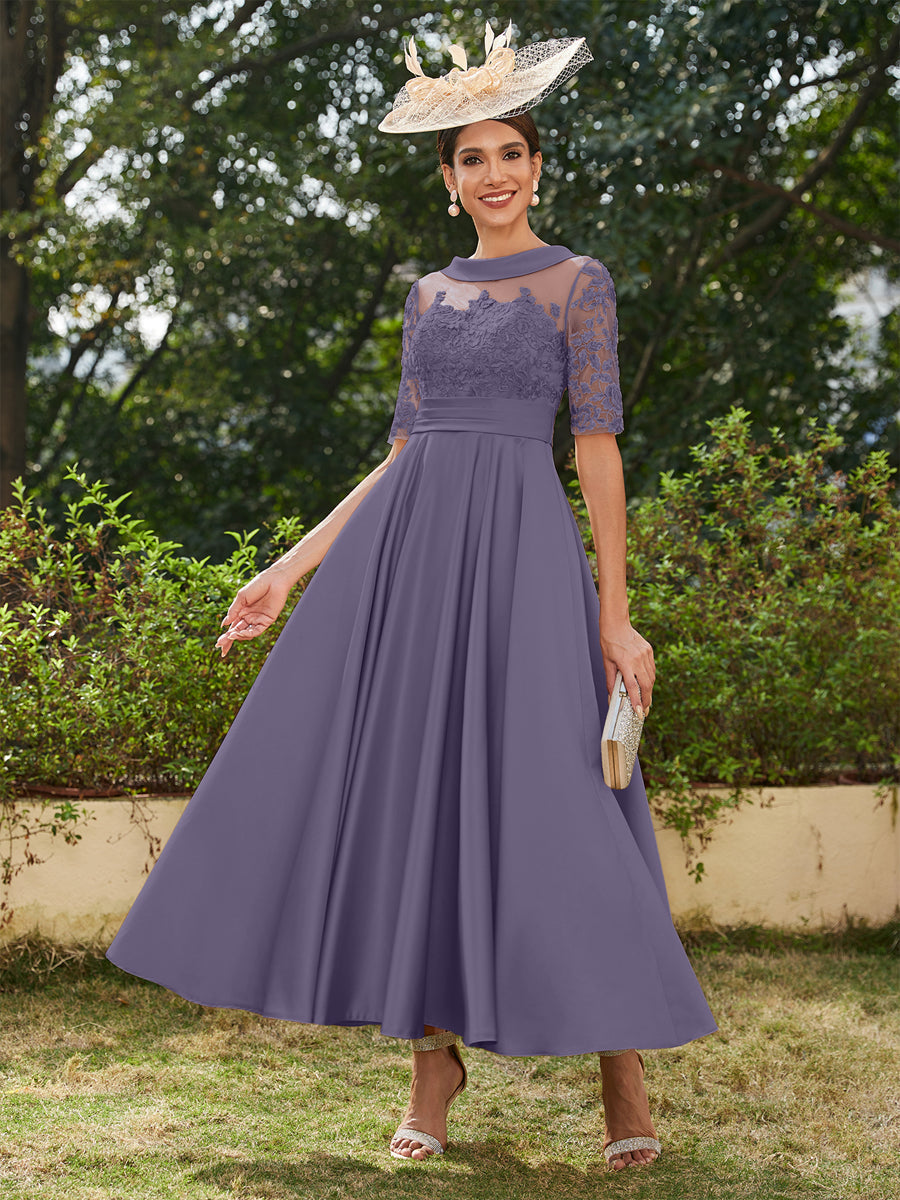 A-Linie/Prinzessin Rundhalsausschnitt Halbärmel Knöchellange Lange Abendkleider mit Applikationen