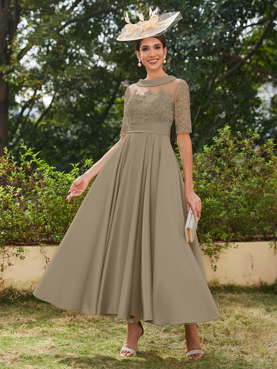 A-Linie/Prinzessin Rundhalsausschnitt Halbärmel Knöchellange Lange Abendkleider mit Applikationen