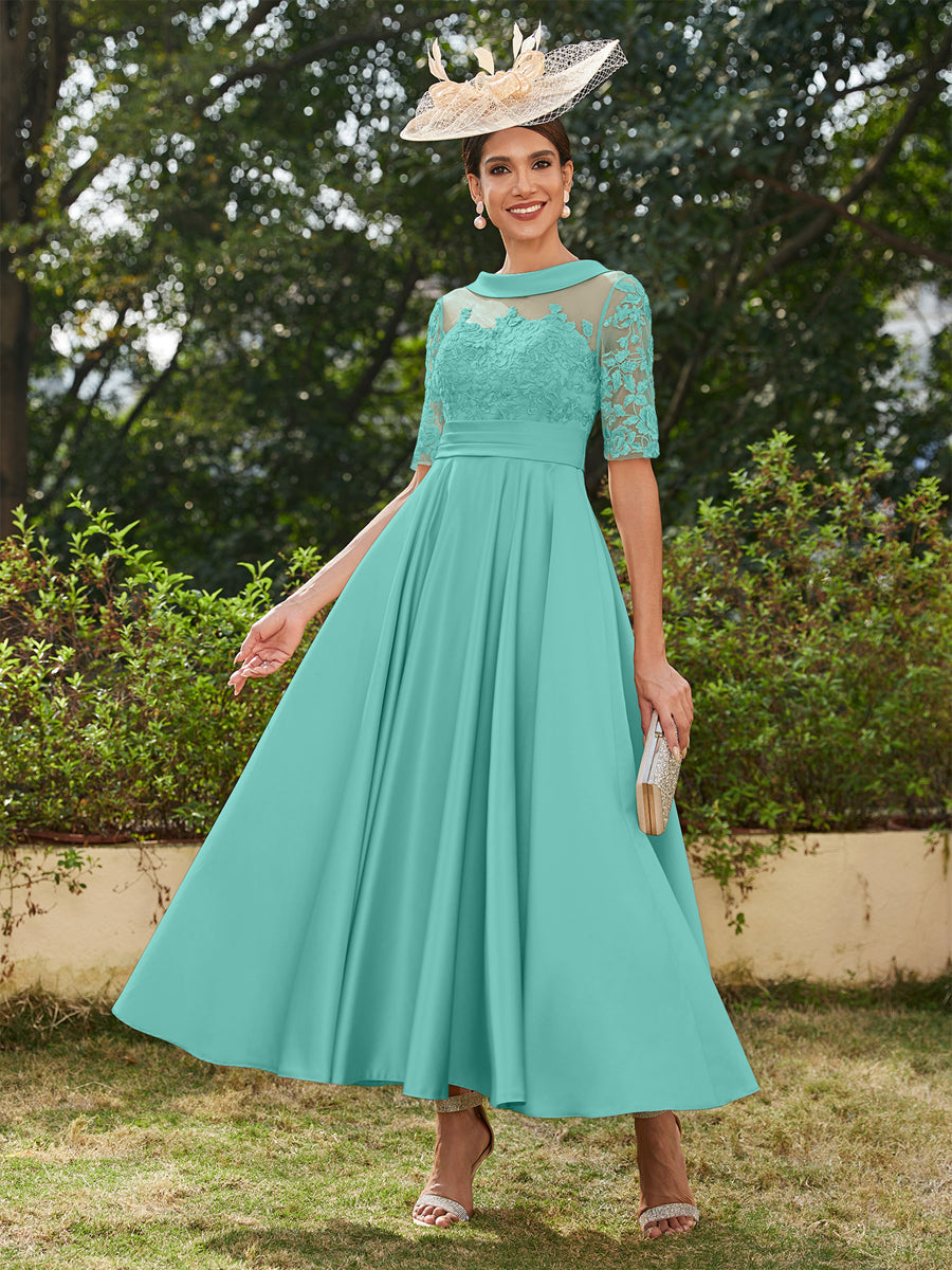 A-Linie/Prinzessin Rundhalsausschnitt Halbärmel Knöchellange Lange Abendkleider mit Applikationen