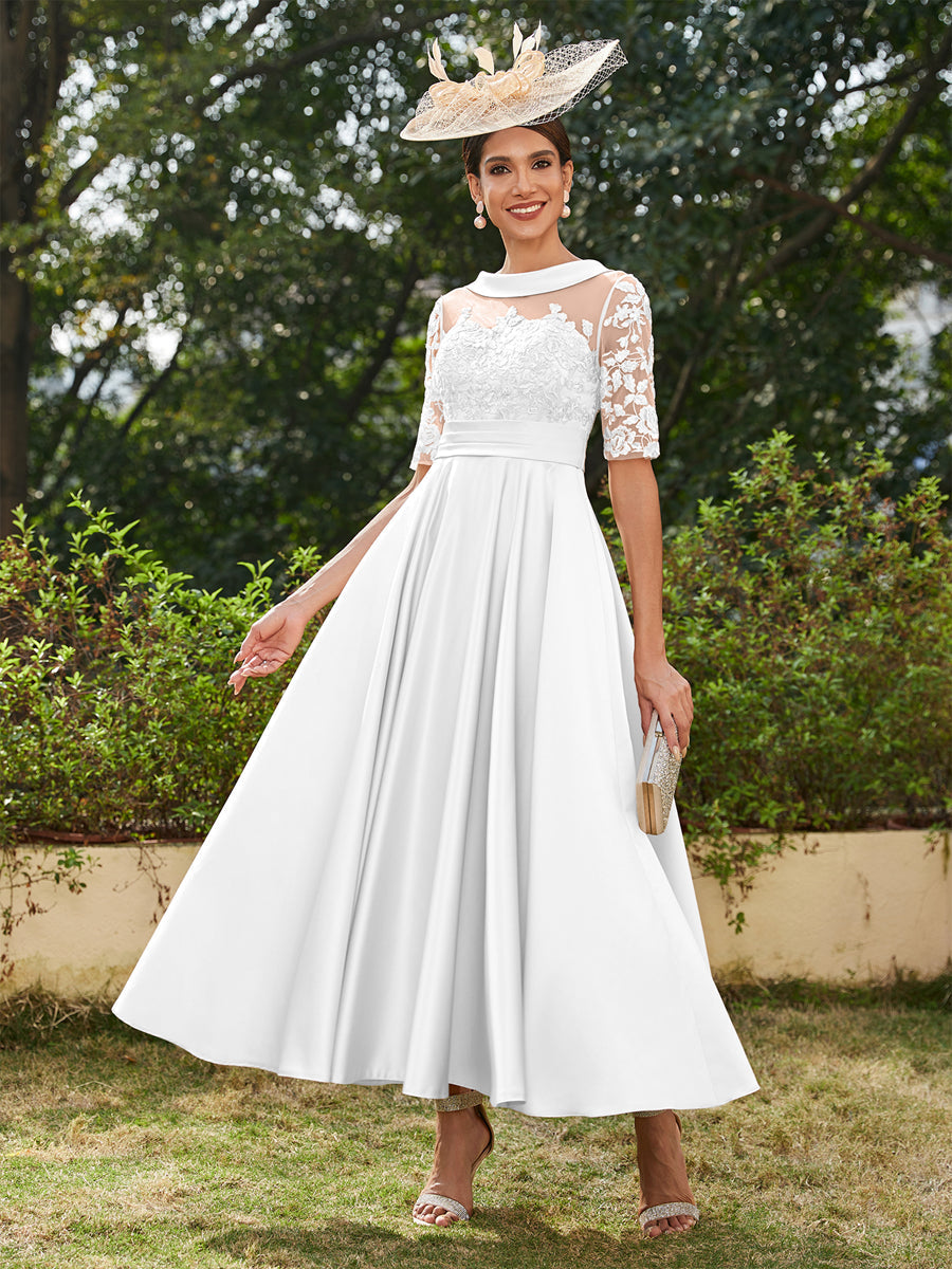 A-Linie/Prinzessin Rundhalsausschnitt Halbärmel Knöchellange Lange Abendkleider mit Applikationen