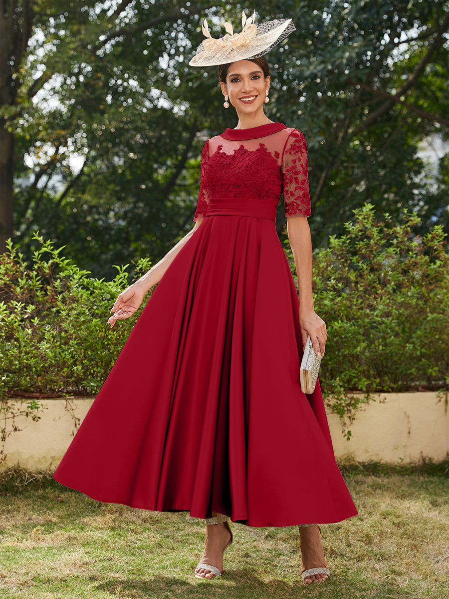 A-Linie/Prinzessin Rundhalsausschnitt Halbärmel Knöchellange Lange Abendkleider mit Applikationen