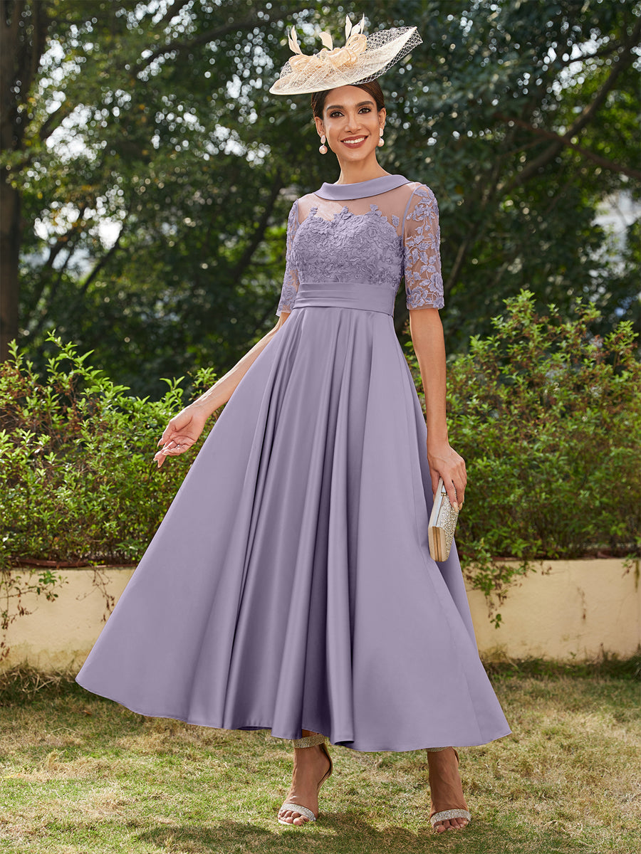 A-Linie/Prinzessin Rundhalsausschnitt Halbärmel Knöchellange Lange Abendkleider mit Applikationen