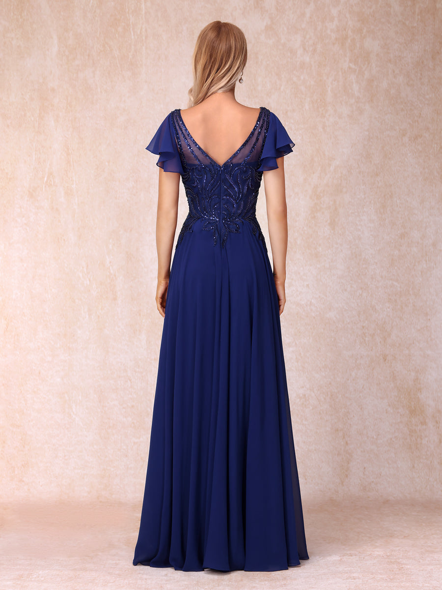 A-Linie/Prinzessin V-Ausschnitt Kurze Ärmel Lange Formelle Abendkleider mit Perlen Und Pailletten