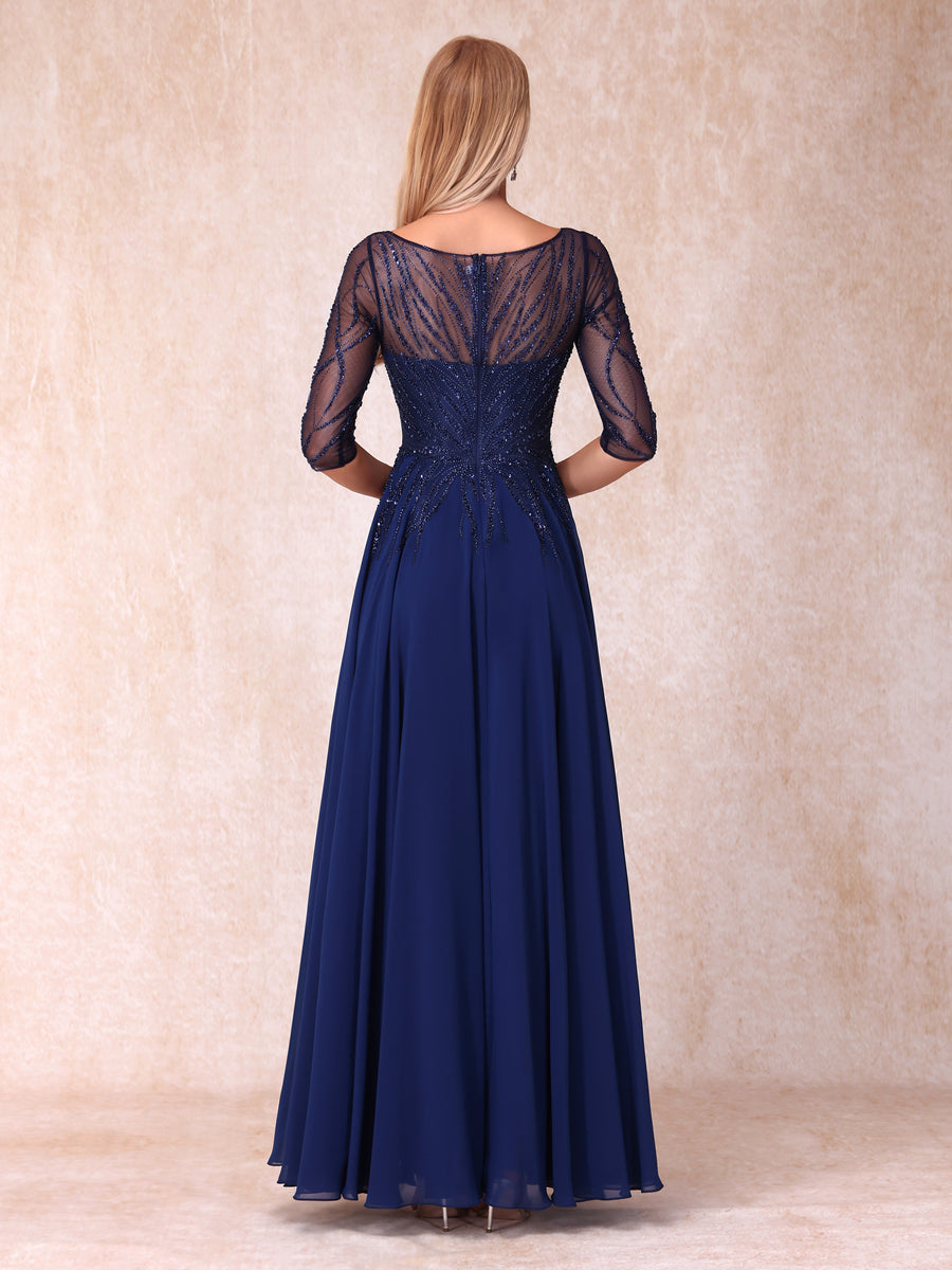 A-Linie/Prinzessin V-Ausschnitt Halbe Ärmel Lange Formelle Abendkleider mit Perlenstickerei