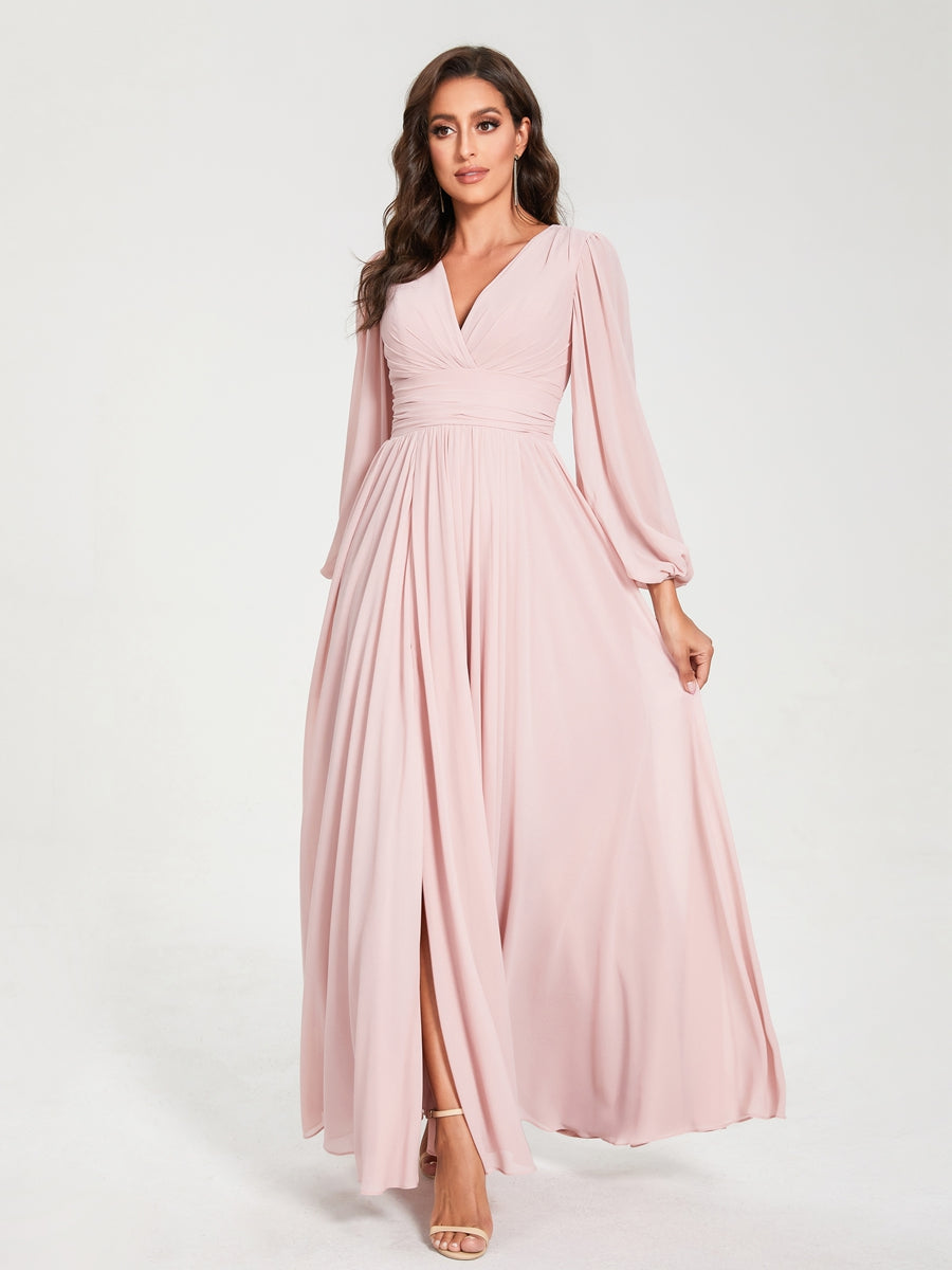 A-Linie/Princess-Linie Chiffon V-Ausschnitt Lange Ärmel Seitlicher Schlitz Bodenlang mit Taschen Brautjungfernkleider