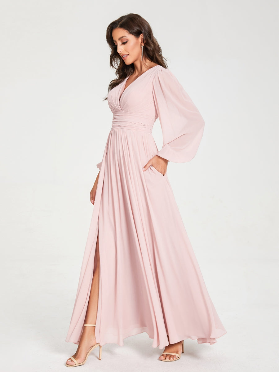 A-Linie/Princess-Linie Chiffon V-Ausschnitt Lange Ärmel Seitlicher Schlitz Bodenlang mit Taschen Brautjungfernkleider