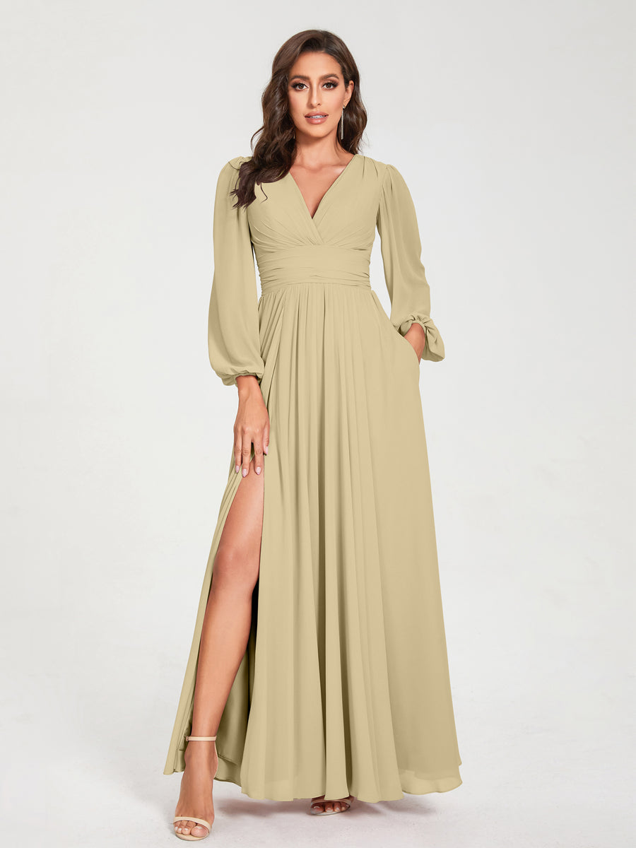 A-Linie/Princess-Linie Chiffon V-Ausschnitt Lange Ärmel Seitlicher Schlitz Bodenlang mit Taschen Brautjungfernkleider