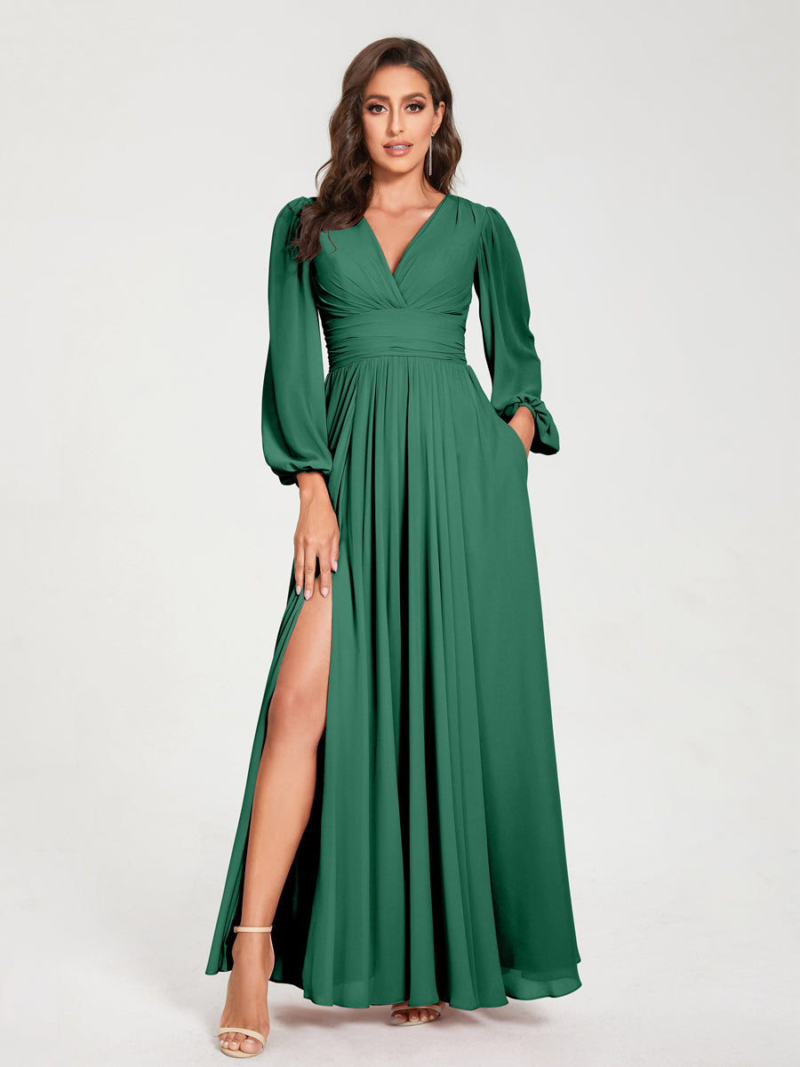 A-Linie/Princess-Linie Chiffon V-Ausschnitt Lange Ärmel Seitlicher Schlitz Bodenlang mit Taschen Brautjungfernkleider