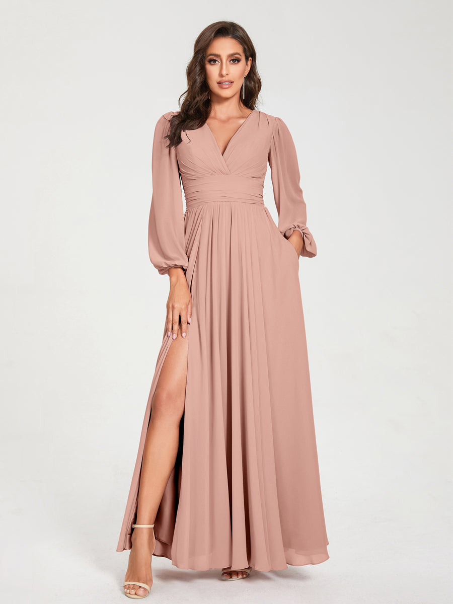 A-Linie/Princess-Linie Chiffon V-Ausschnitt Lange Ärmel Seitlicher Schlitz Bodenlang mit Taschen Brautjungfernkleider
