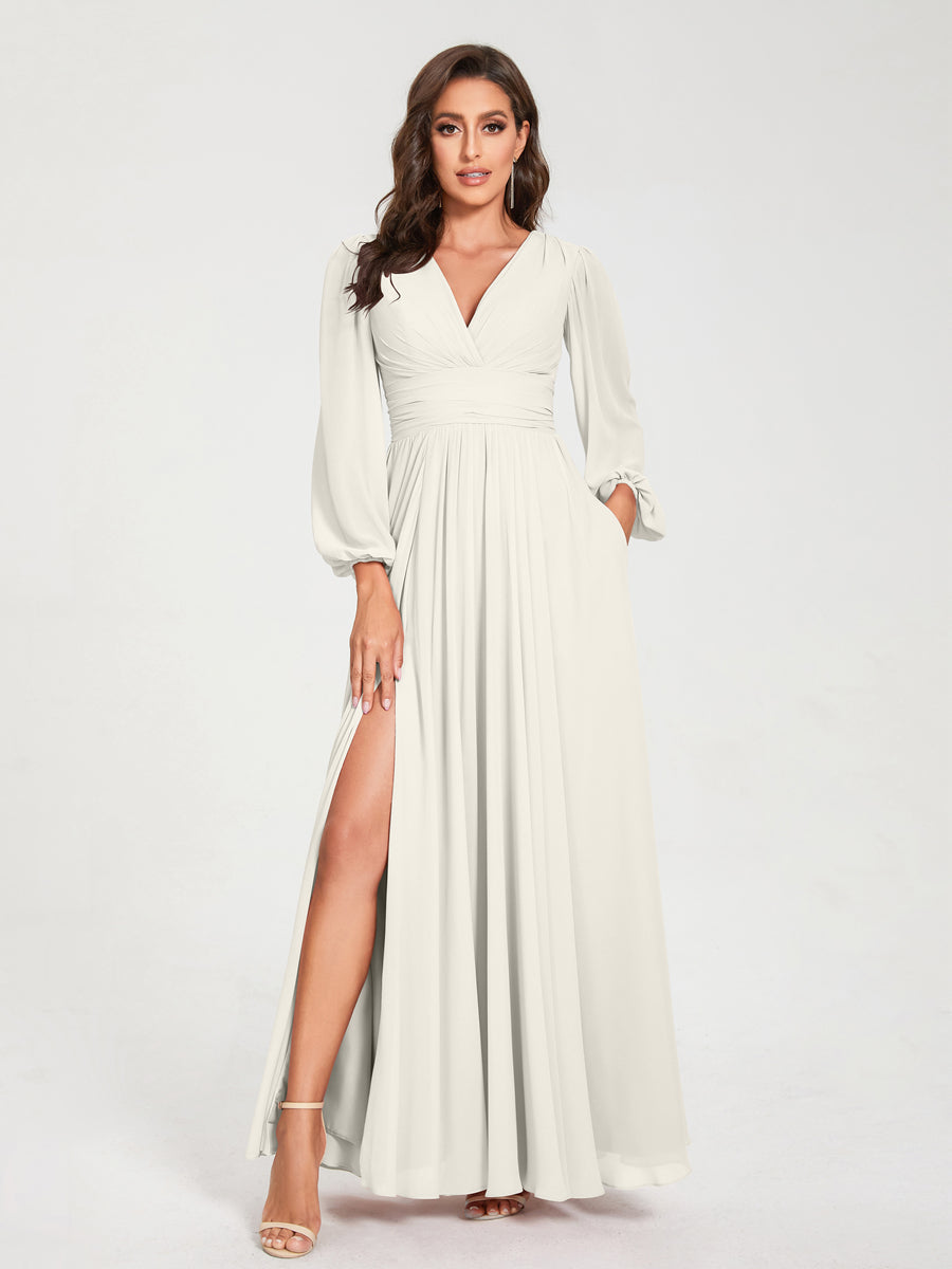 A-Linie/Princess-Linie Chiffon V-Ausschnitt Lange Ärmel Seitlicher Schlitz Bodenlang mit Taschen Brautjungfernkleider